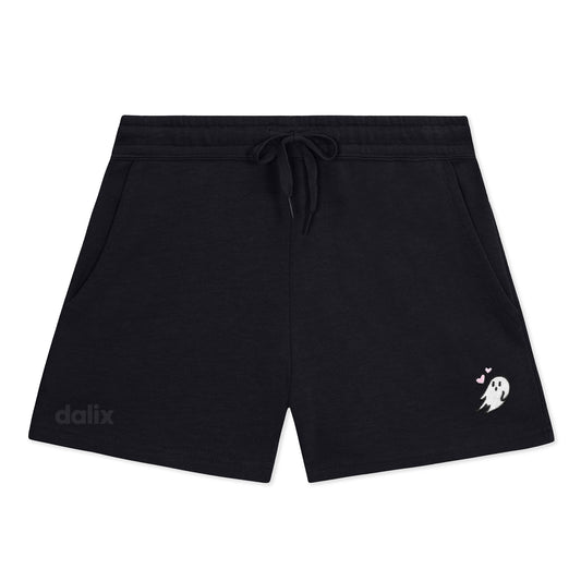 Dalix Heartly Ghost Embroidered Shorts Washed Soft Fleece Relaxed Drawstring Pocket Fit Lounge Womens in Black S Small