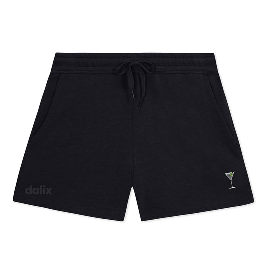 Dalix Martini Embroidered Shorts Washed Soft Fleece Relaxed Drawstring Pocket Fit Lounge Womens in Black S Small