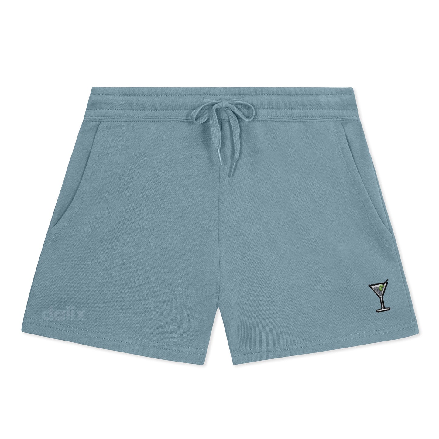 Dalix Martini Embroidered Shorts Washed Soft Fleece Relaxed Drawstring Pocket Fit Lounge Womens in Misty Blue S Small