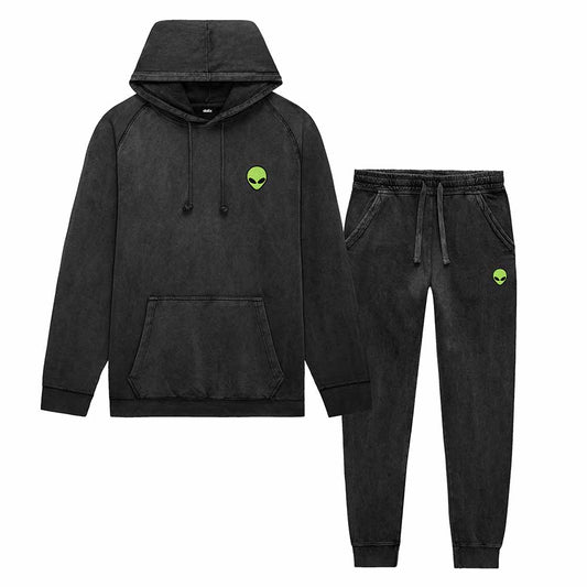 Dalix Alien Embroidery Washed Sweatsuit Set Hoodie Jogger Soft Fleece Relaxed Fit Lounge Mens in Black 2XL XX-Large