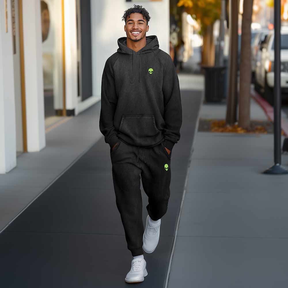 Dalix Alien Embroidery Washed Sweatsuit Set Hoodie Jogger Soft Fleece Relaxed Fit Lounge Mens in Black 2XL XX-Large