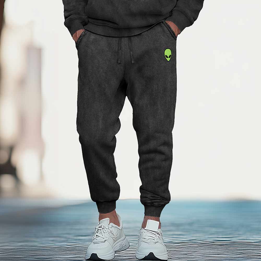 Dalix Alien Embroidery Washed Sweatsuit Set Hoodie Jogger Soft Fleece Relaxed Fit Lounge Mens in Black 2XL XX-Large