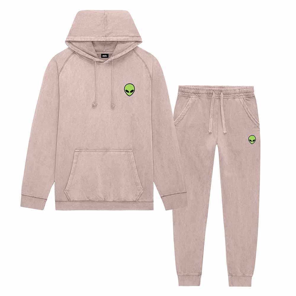 Dalix Alien Embroidery Washed Sweatsuit Set Hoodie Jogger Soft Fleece Relaxed Fit Lounge Mens in Zinc 2XL XX-Large