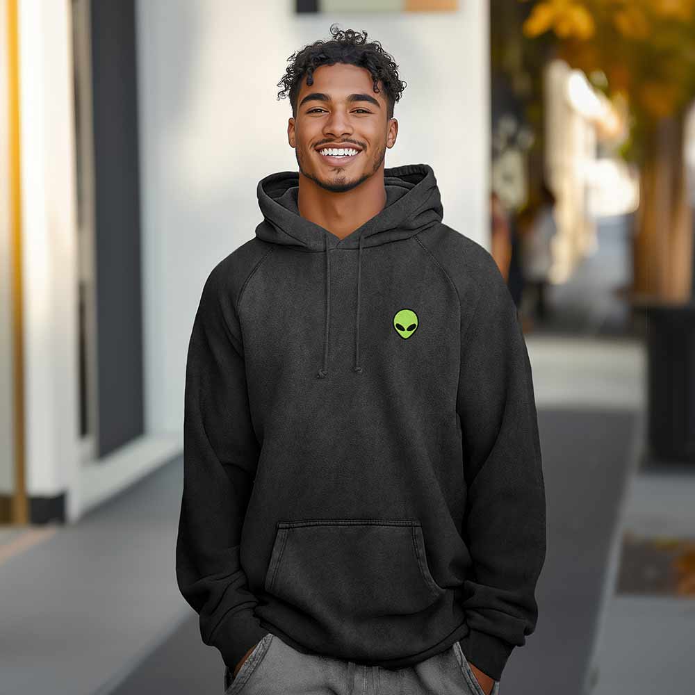 Dalix Alien Embroidery Washed Hoodie Sweatshirt Hoodie Fleece Relaxed Fit Lounge Mens in Black 2XL XX-Large