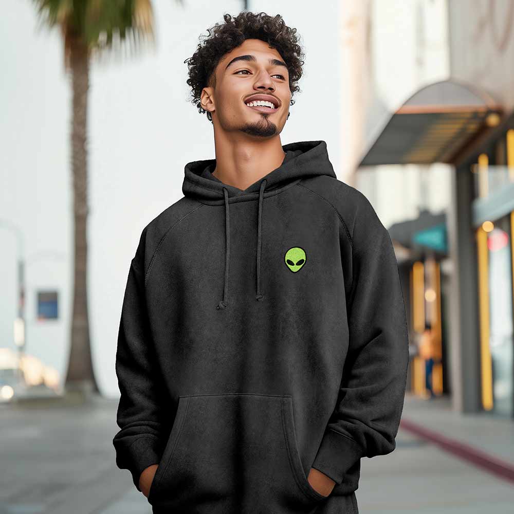 Dalix Alien Embroidery Washed Hoodie Sweatshirt Hoodie Fleece Relaxed Fit Lounge Mens in Black 2XL XX-Large