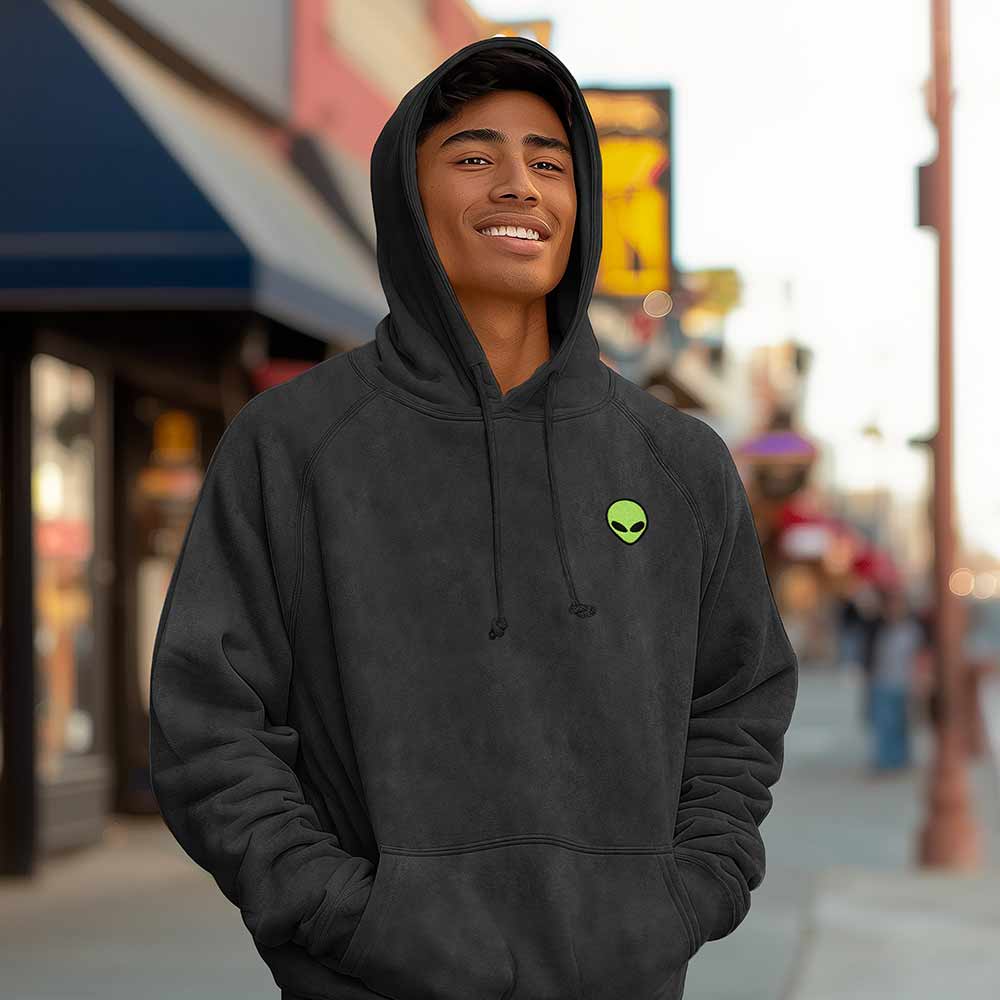 Dalix Alien Embroidery Washed Hoodie Sweatshirt Hoodie Fleece Relaxed Fit Lounge Mens in Black 2XL XX-Large