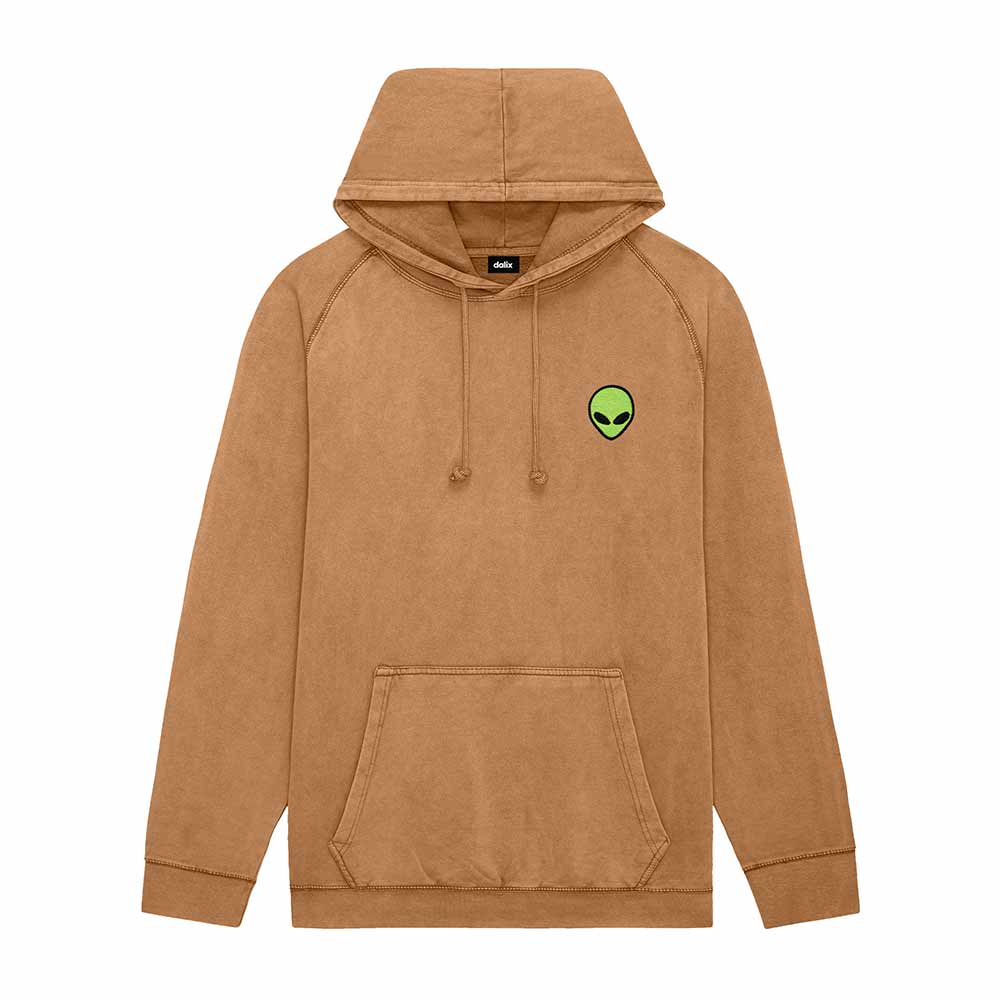 Dalix Alien Embroidery Washed Hoodie Sweatshirt Hoodie Fleece Relaxed Fit Lounge Mens in Camel 2XL XX-Large