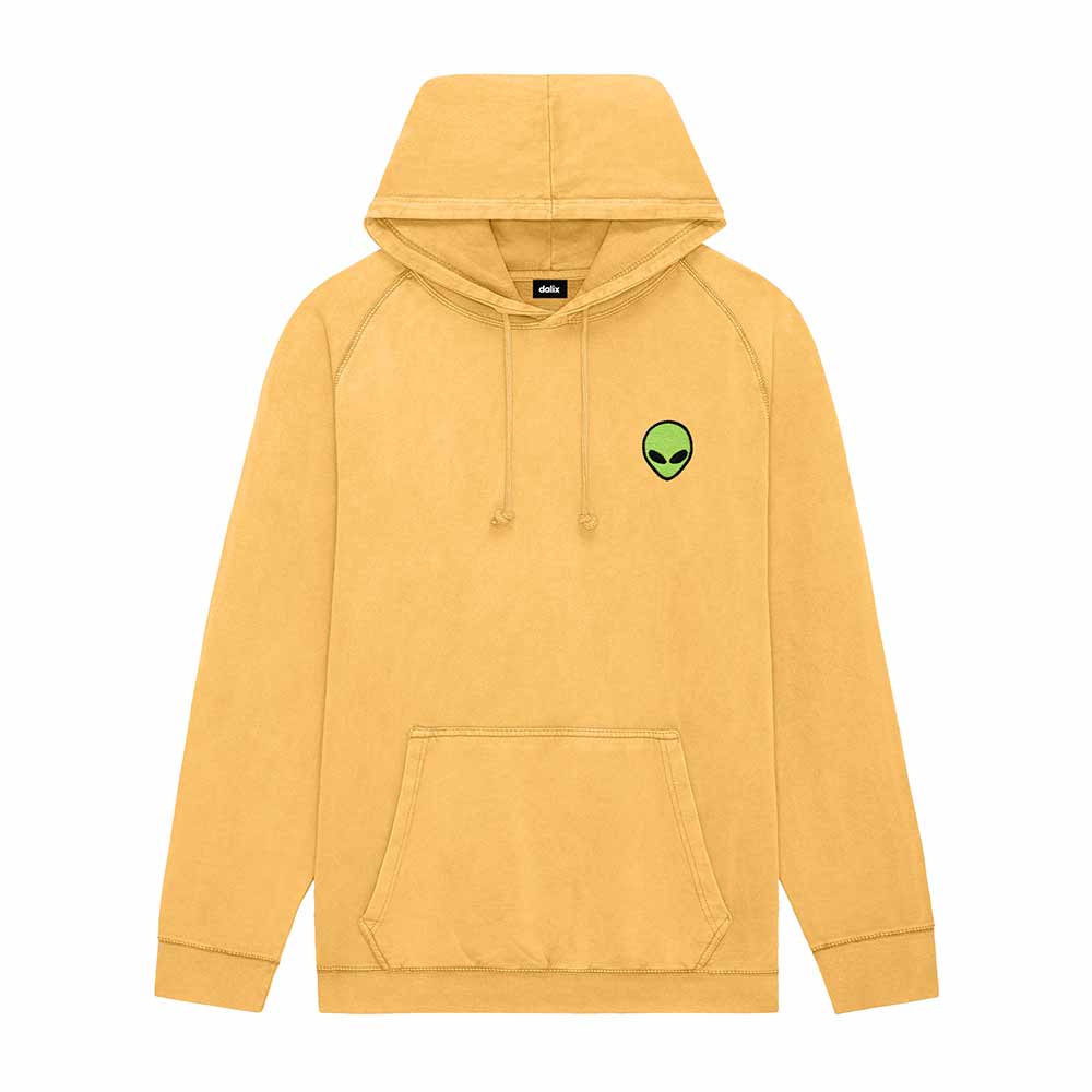 Dalix Alien Embroidery Washed Hoodie Sweatshirt Hoodie Fleece Relaxed Fit Lounge Mens in Mustard 2XL XX-Large