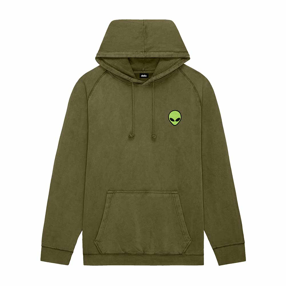 Dalix Alien Embroidery Washed Hoodie Sweatshirt Hoodie Fleece Relaxed Fit Lounge Mens in Olive 2XL XX-Large