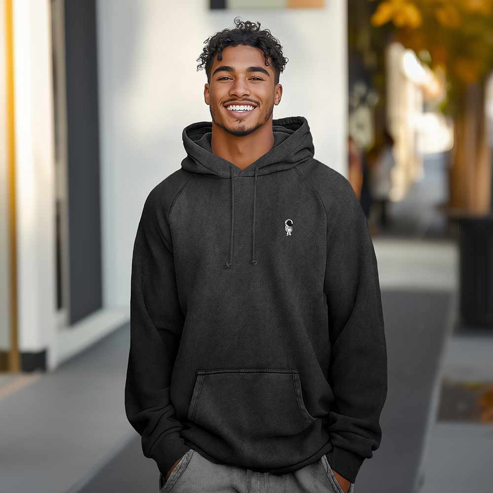 Dalix Astronaut Embroidery Washed Hoodie Sweatshirt Hoodie Fleece Relaxed Fit Lounge Mens in Black 2XL XX-Large