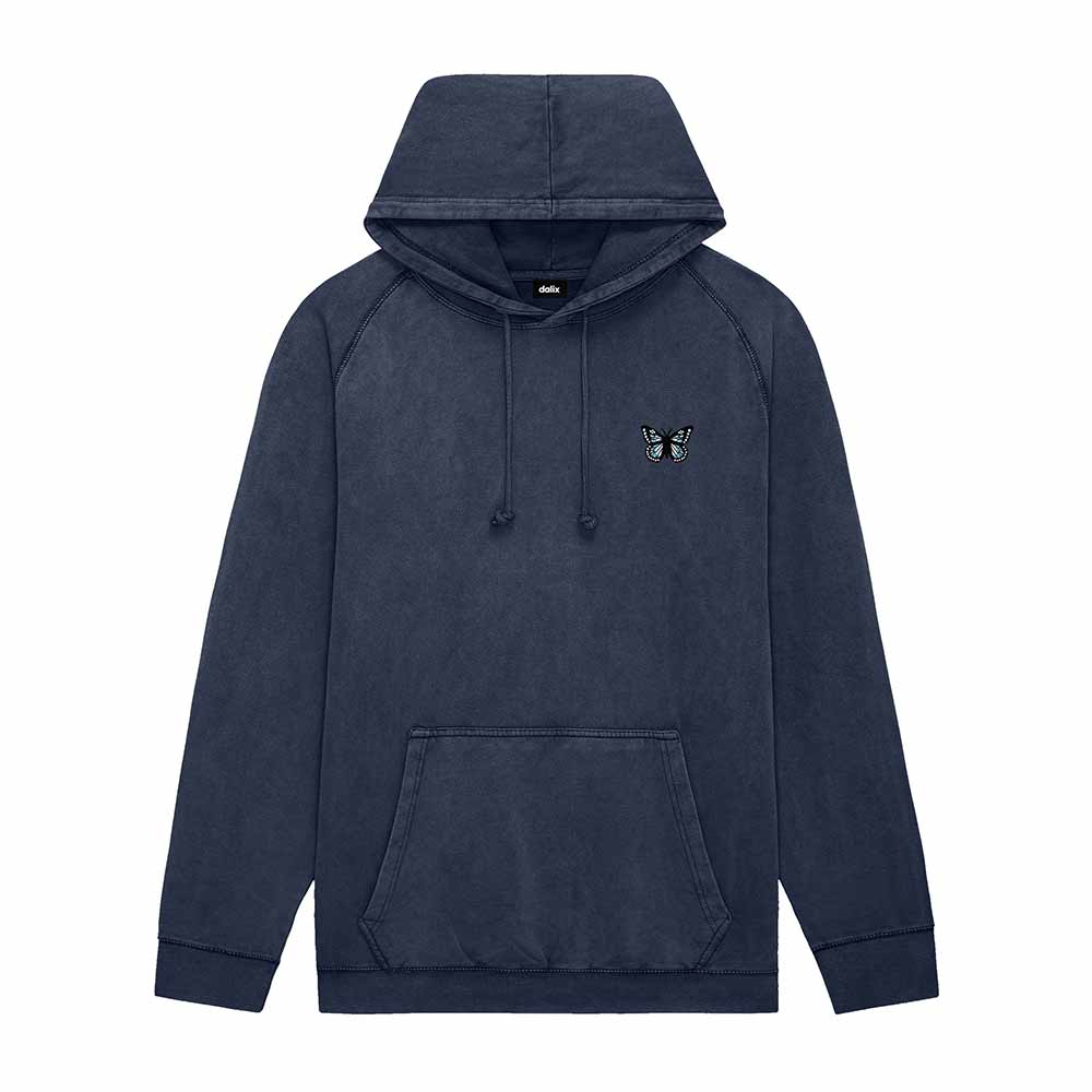 Dalix Butterfly Embroidery Washed Hoodie Sweatshirt Hoodie Fleece Relaxed Fit Lounge Womens in Denim Blue 2XL XX-Large