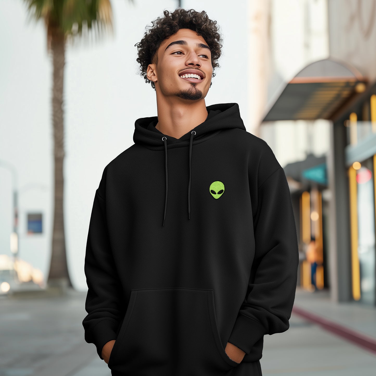 Dalix Alien Embroidery Relaxed Hoodie Soft Fleece Sweatshirt Drawcord Fit Lounge Mens in Black 2XL XX-Large