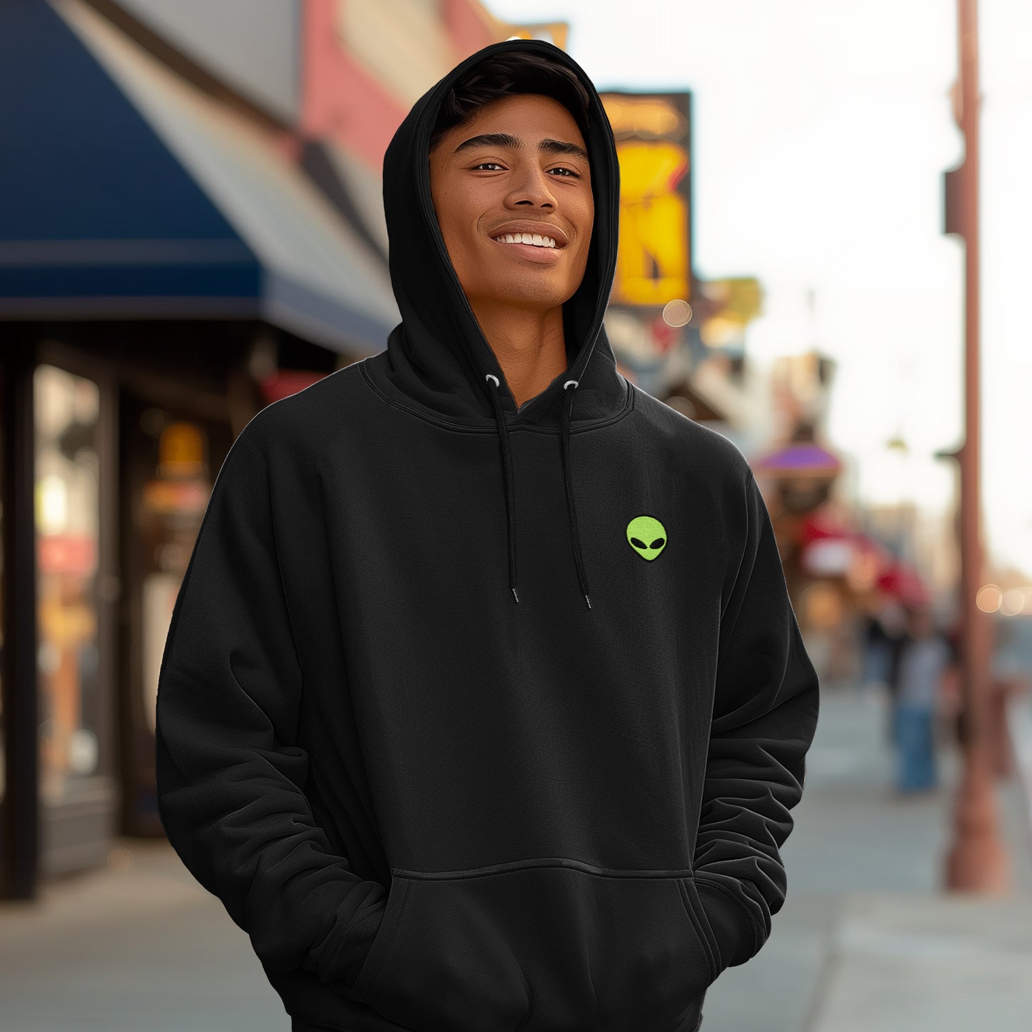 Dalix Alien Embroidery Relaxed Hoodie Soft Fleece Sweatshirt Drawcord Fit Lounge Mens in Black 2XL XX-Large