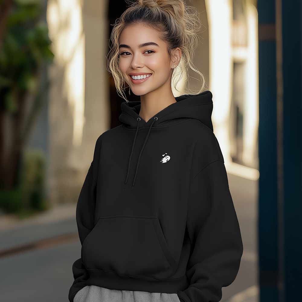 Dalix Heartly Ghost Embroidery Relaxed Hoodie Soft Fleece Sweatshirt Drawcord Fit Lounge Womens in Black 2XL XX-Large