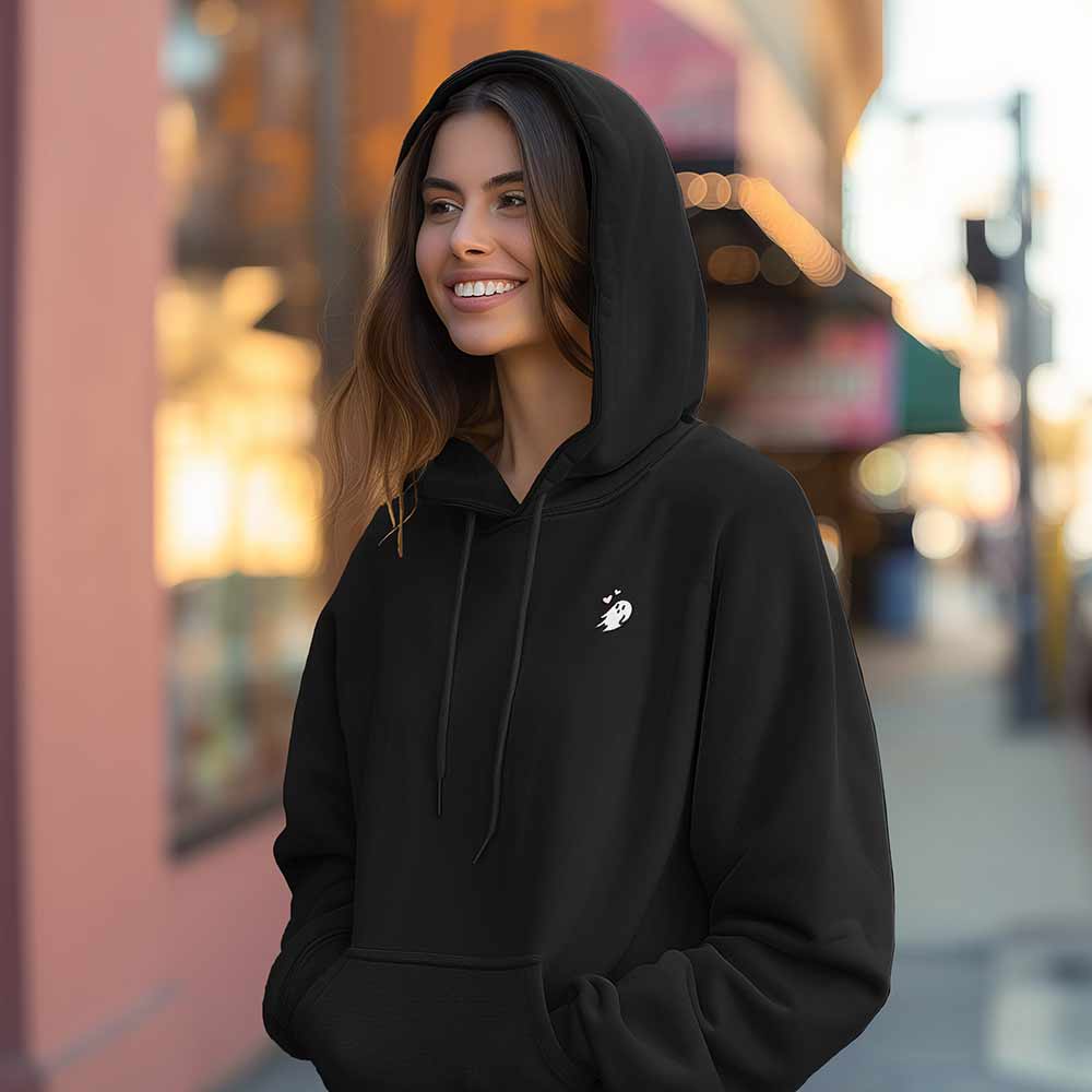 Dalix Heartly Ghost Embroidery Relaxed Hoodie Soft Fleece Sweatshirt Drawcord Fit Lounge Womens in Black 2XL XX-Large
