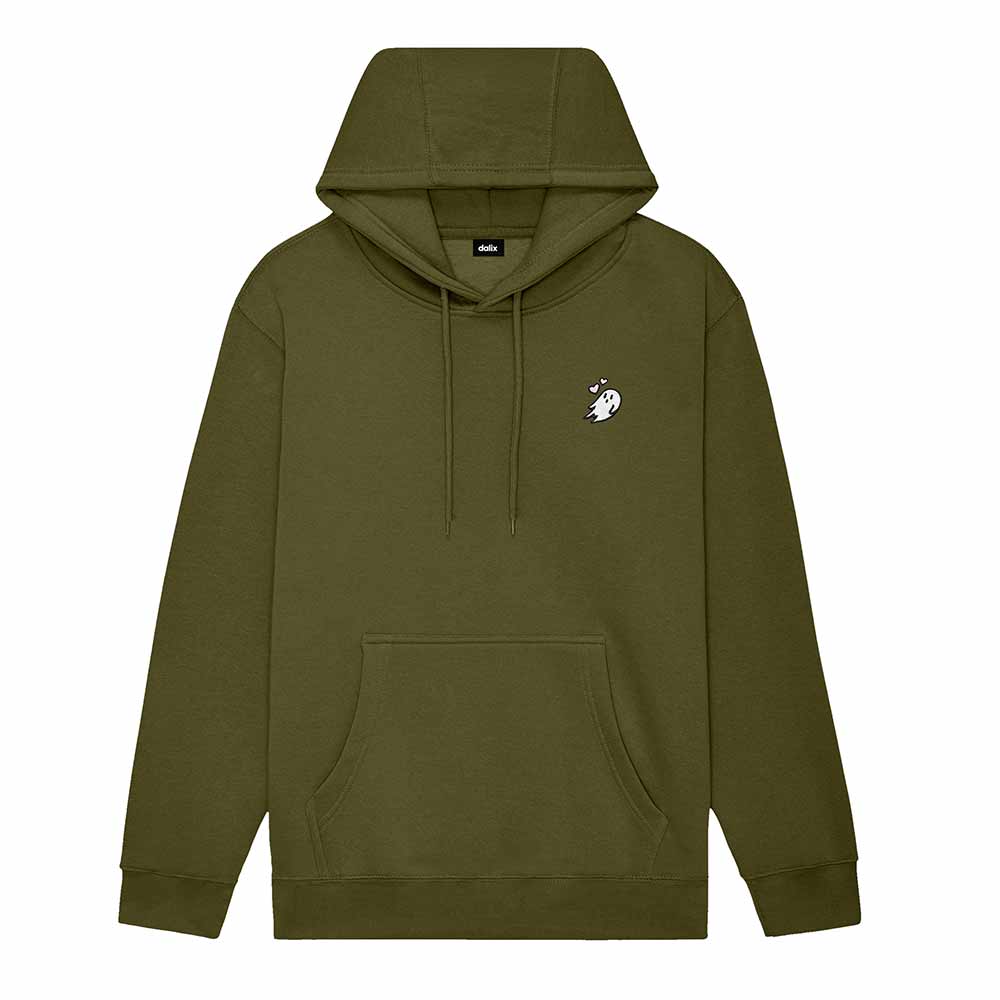 Dalix Heartly Ghost Embroidery Relaxed Hoodie Soft Fleece Sweatshirt Drawcord Fit Lounge Womens in Olive 2XL XX-Large