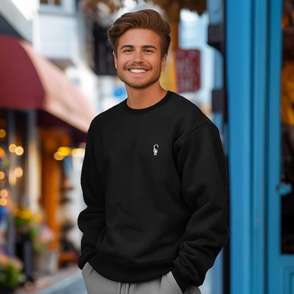 Dalix Astronaut Embroidery Relaxed Crewneck Sweatshirt Soft Fleece Fit Lounge Mens in Black 2XL XX-Large