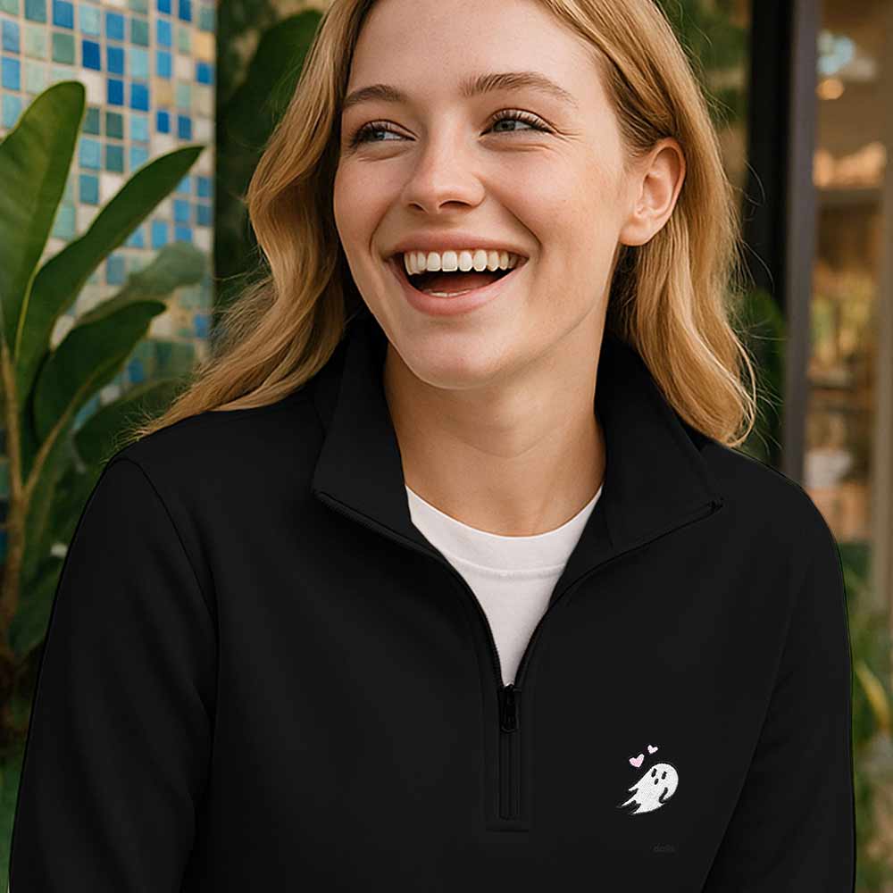 Dalix Womens Heartly Ghost Pullover Cadet Collar Quarter Zip French Terry Long Sleeve Fall in Black S Small