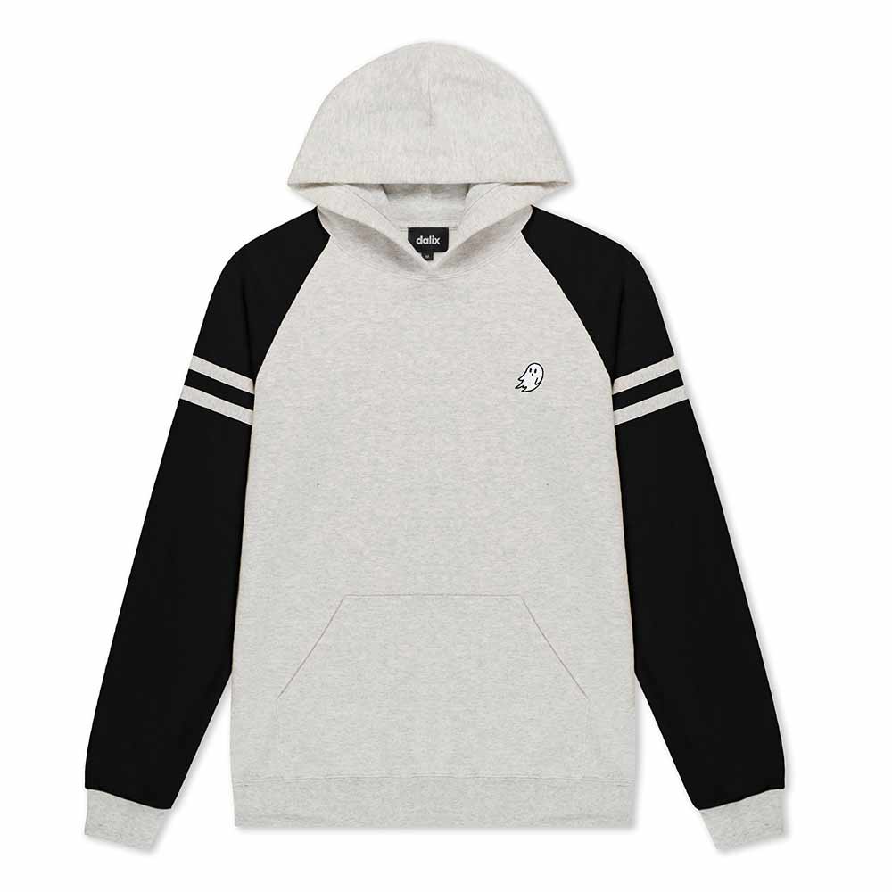 Dalix Mens Ghost Varsity Hooded Sweatshirt Heavyweight Pullover Hoodie Casual Wear in Oatmeal Black S Small