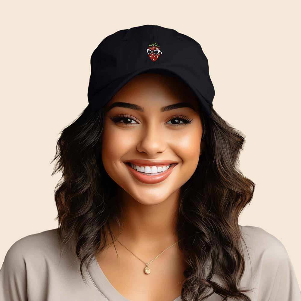 Dalix Strawberry Embroidered Cap Cotton Baseball Summer Cool Dad Hat Womens in Black