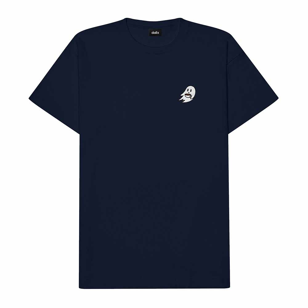 Dalix Spook a Latte Ghost Embroidered Relaxed Heavy Soft Cotton T Shirt Mens in Navy Blue 2XL XX-Large