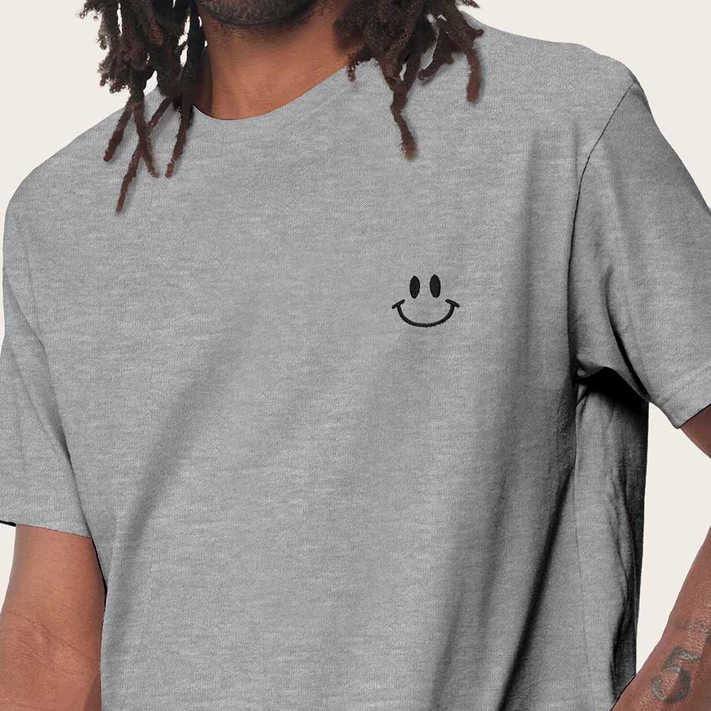 Dalix Smile Face Embroidered Cotton Relaxed Boxy Fit Short Sleeve Crewneck Tee Shirt Mens in Athletic Heather 2XL XX-Large