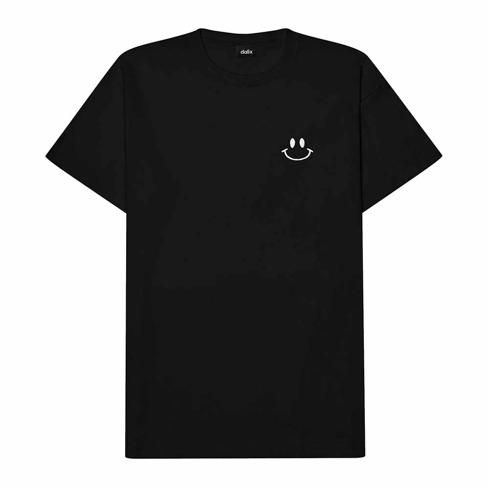 Dalix Smile Face Embroidered Cotton Relaxed Boxy Fit Short Sleeve Crewneck Tee Shirt Mens in Black 2XL XX-Large