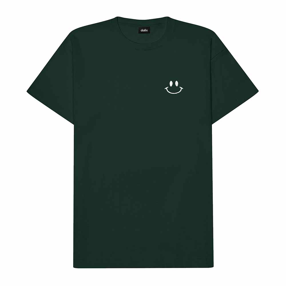 Dalix Smile Face Embroidered Cotton Relaxed Boxy Fit Short Sleeve Crewneck Tee Shirt Mens in Forest Green 2XL XX-Large