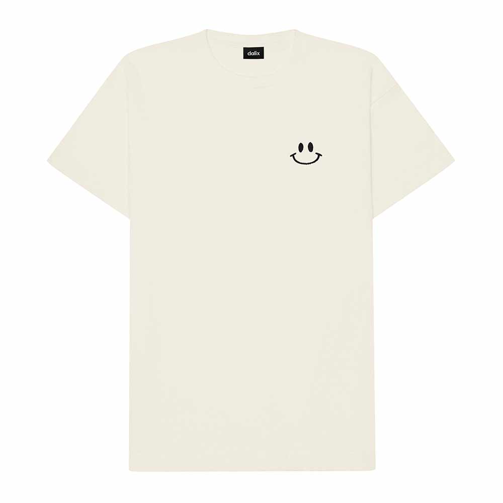 Dalix Smile Face Embroidered Cotton Relaxed Boxy Fit Short Sleeve Crewneck Tee Shirt Mens in Natural 2XL XX-Large