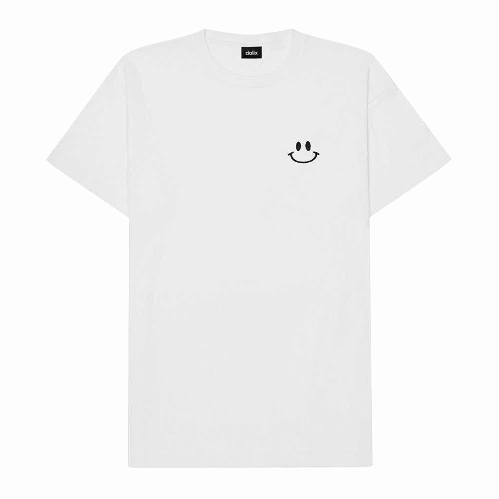 Dalix Smile Face Embroidered Cotton Relaxed Boxy Fit Short Sleeve Crewneck Tee Shirt Mens in White 2XL XX-Large