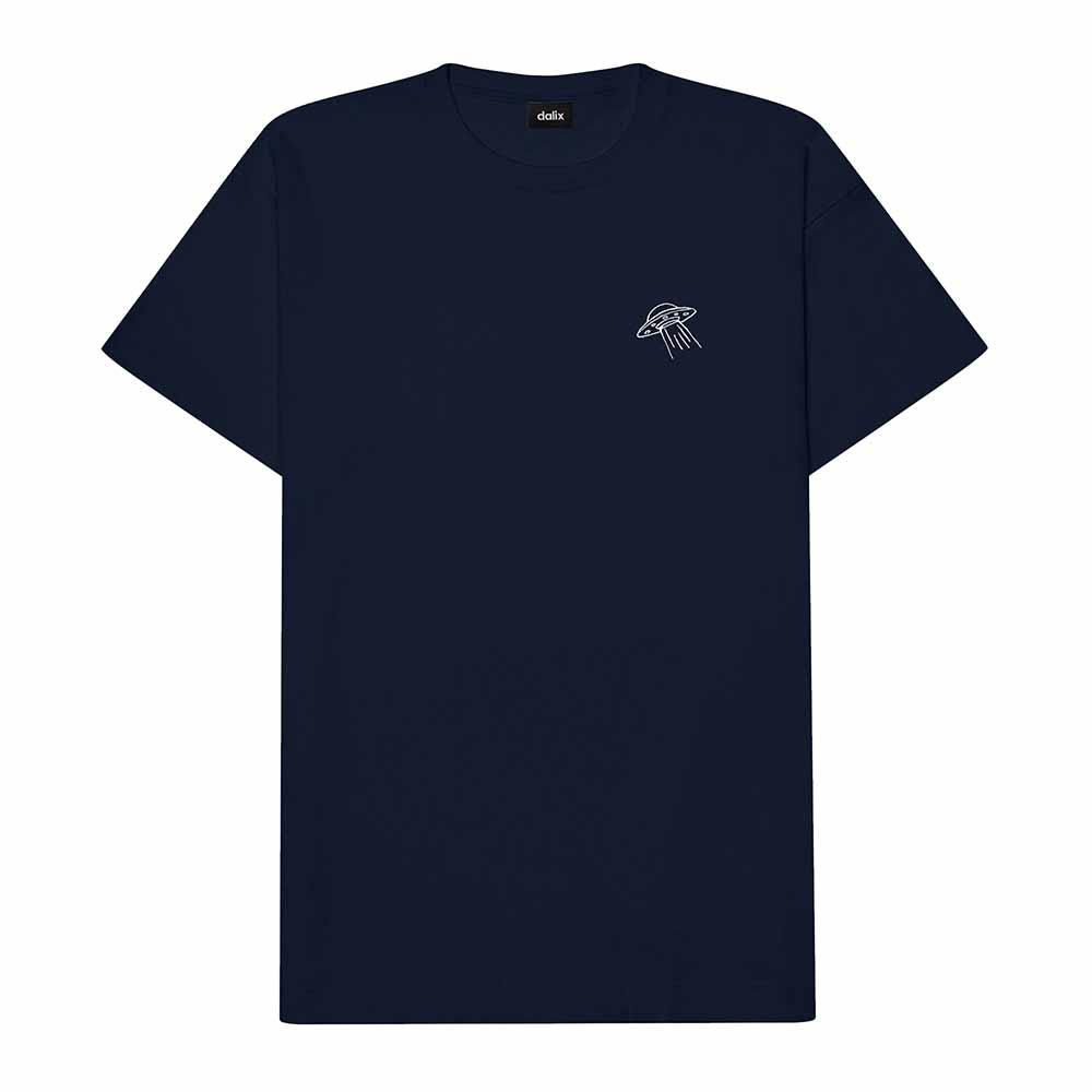 Dalix UFO Embroidered Cotton Relaxed Boxy Fit Short Sleeve Crewneck Tee Shirt Mens in Navy Blue 2XL XX-Large