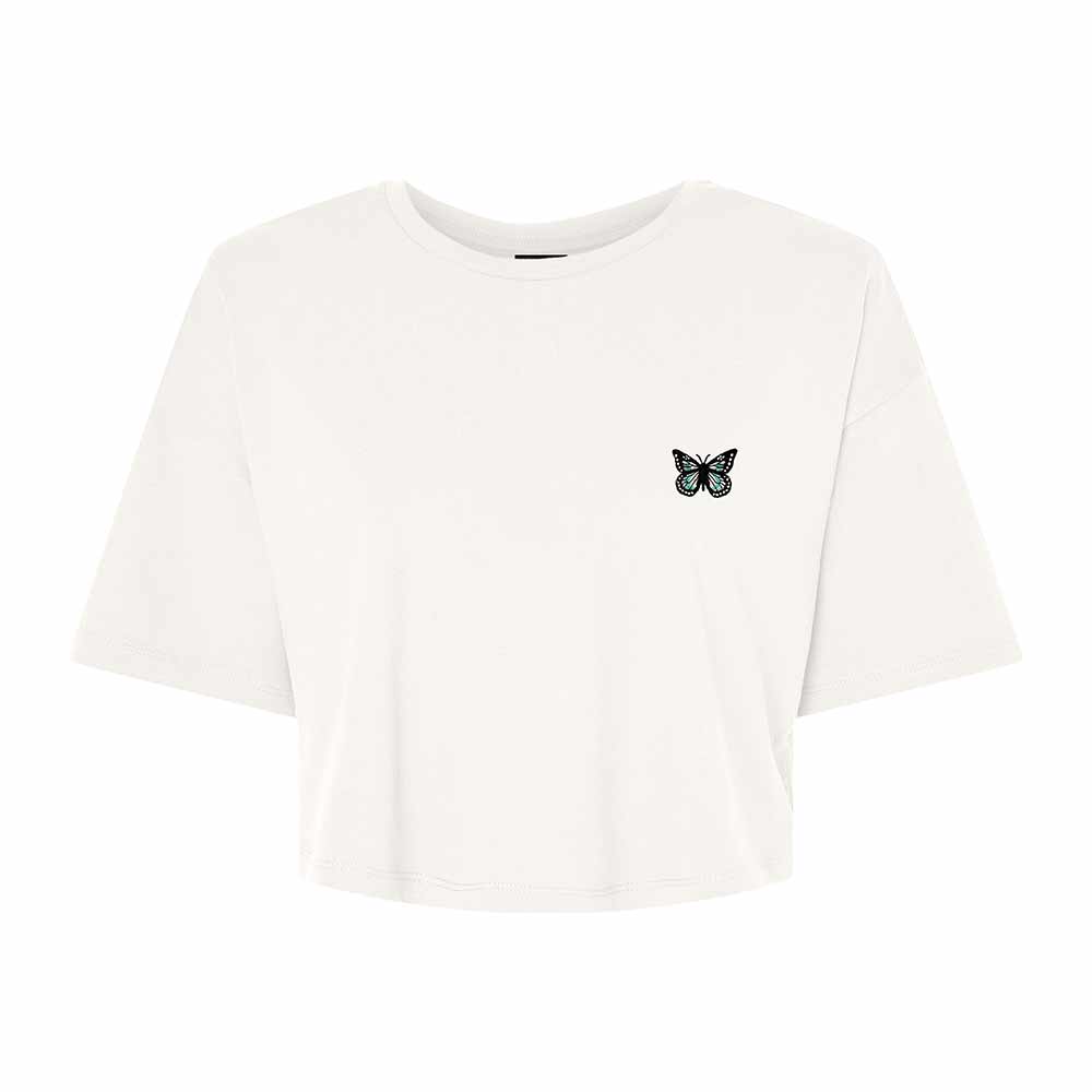 Dalix Butterfly Embroidered Cotton Relaxed Fit Flowy Short Sleeve Crewneck Tee Shirt Womens in Vintage White 2XL XX-Large