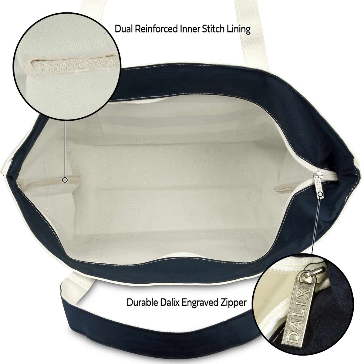 Dalix Premium Beach Bags Striped Navy Blue Zippered Tote Bag Monogrammed A-Z