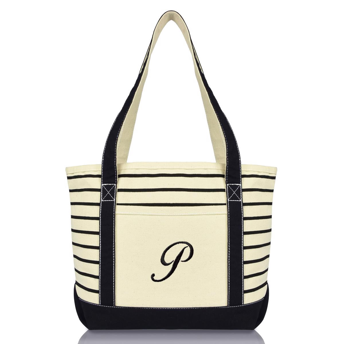 Dalix Striped P-Initial Tote Bag Womens Ballent Letter P