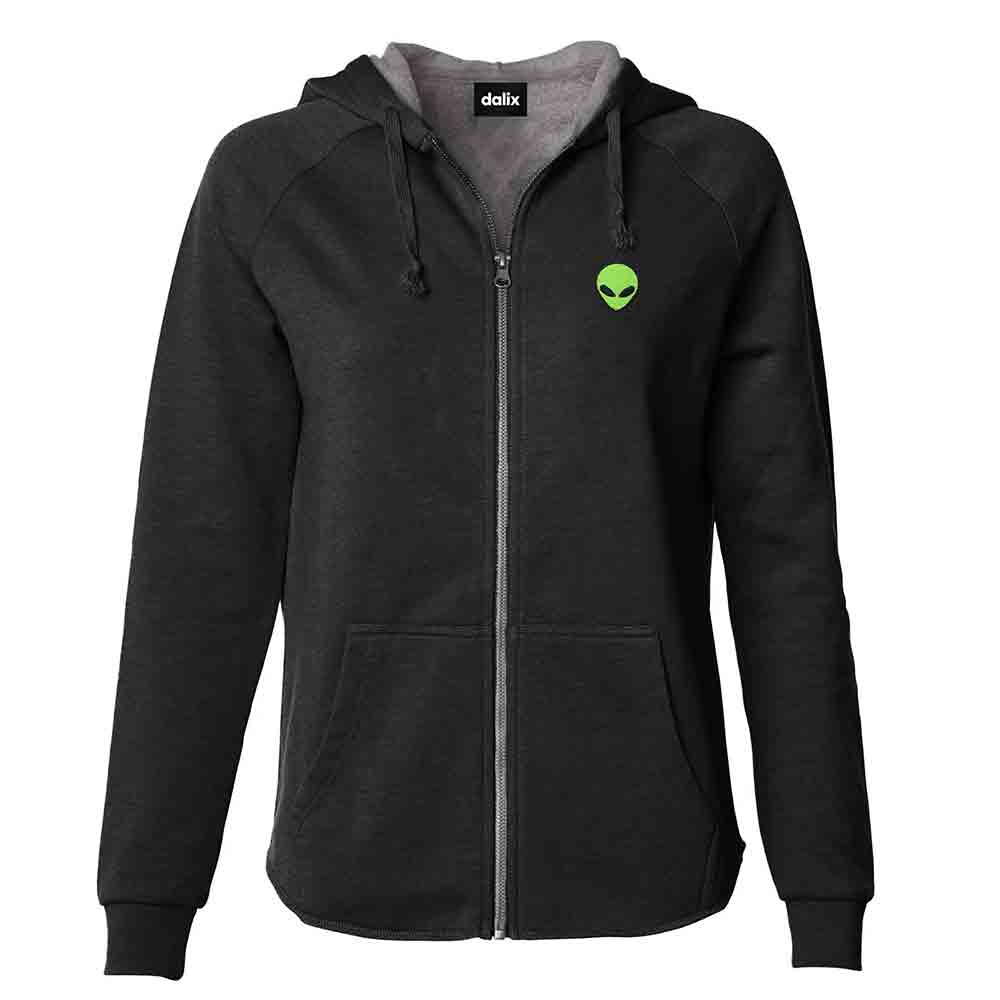 Dalix Alien Embroidered Fleece Zip Washed Hoodie Cold Fall Winter Women in Black 2XL XX-Large