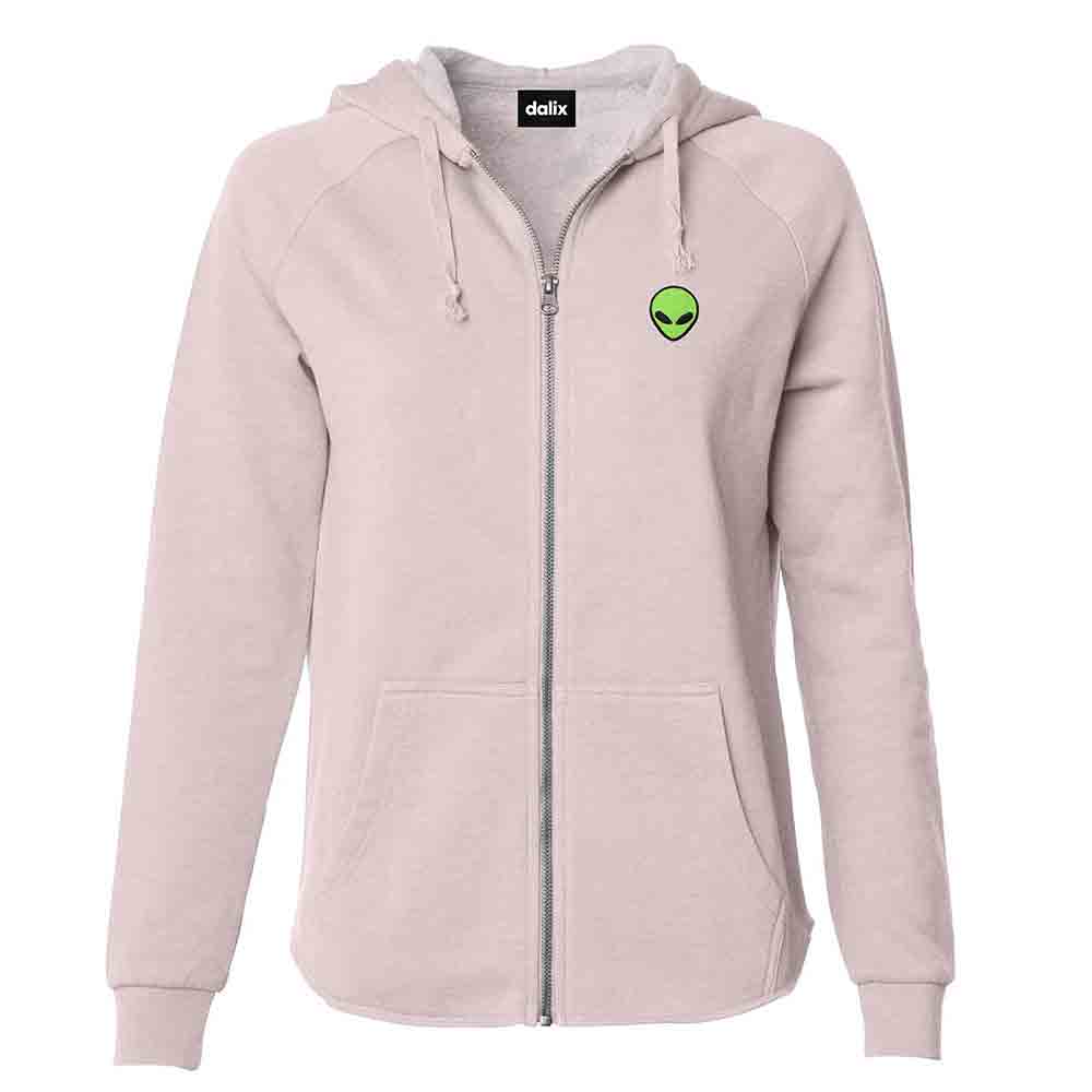 Dalix Alien Embroidered Fleece Zip Washed Hoodie Cold Fall Winter Women in Blush 2XL XX-Large