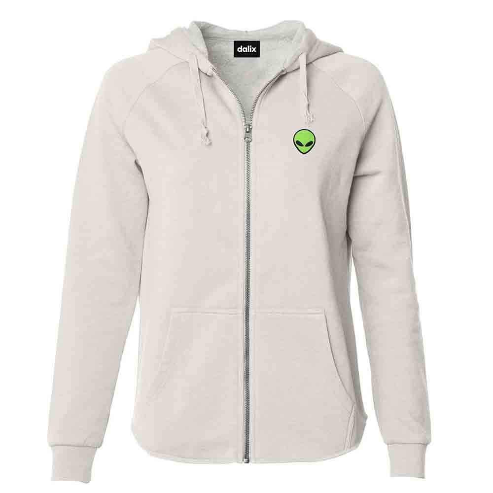 Dalix Alien Embroidered Fleece Zip Washed Hoodie Cold Fall Winter Women in Bone 2XL XX-Large