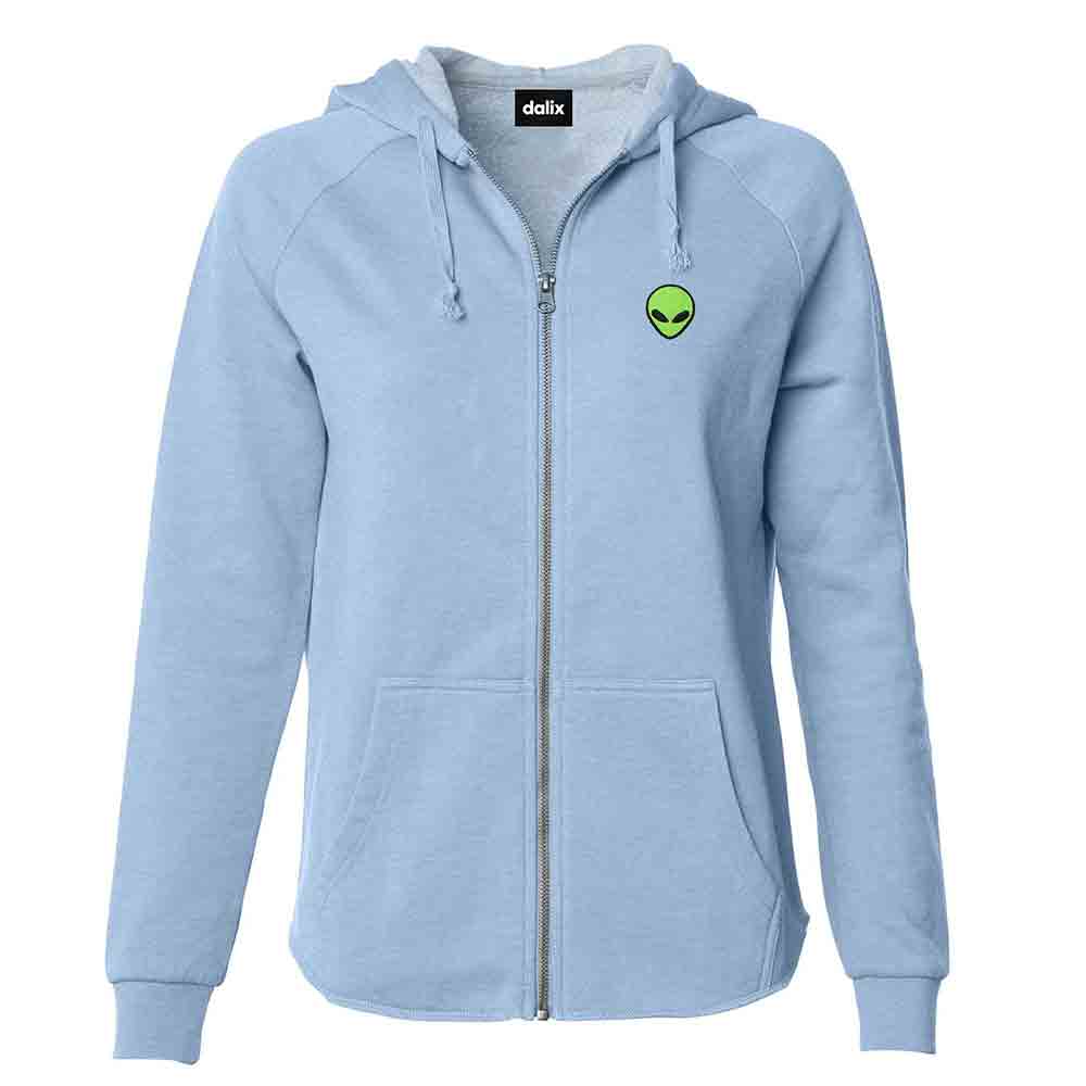 Dalix Alien Embroidered Fleece Zip Washed Hoodie Cold Fall Winter Women in Misty Blue 2XL XX-Large