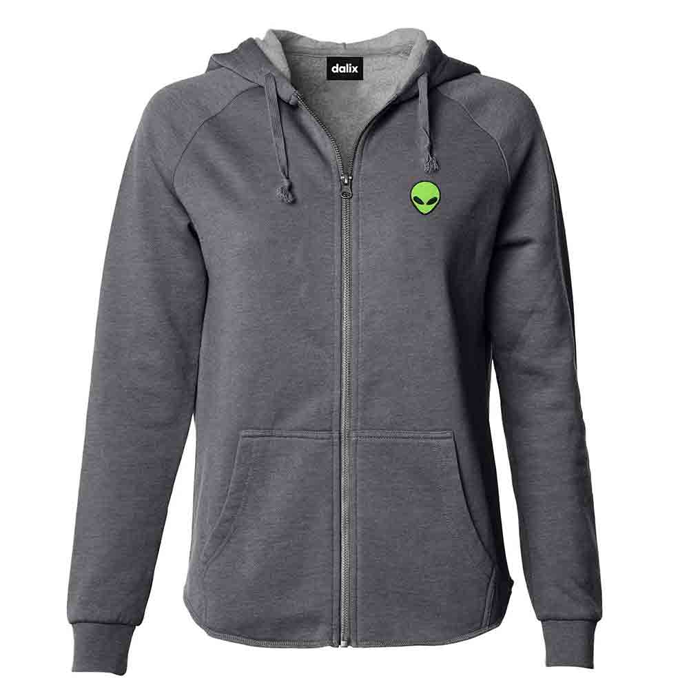 Dalix Alien Embroidered Fleece Zip Washed Hoodie Cold Fall Winter Women in Shadow 2XL XX-Large