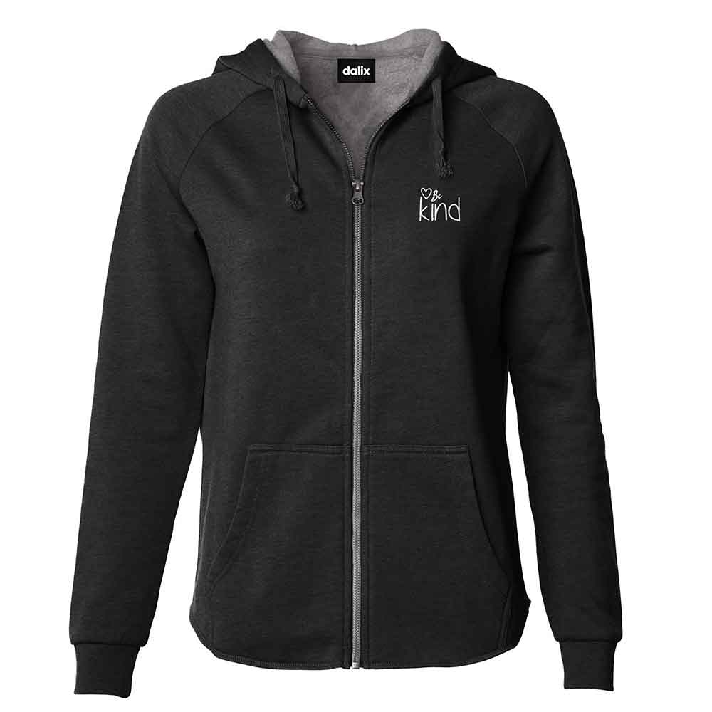 Dalix Be Kind Embroidered Hoodie Fleece Sweatshirt Zip Front Womens in Black XS X-Small