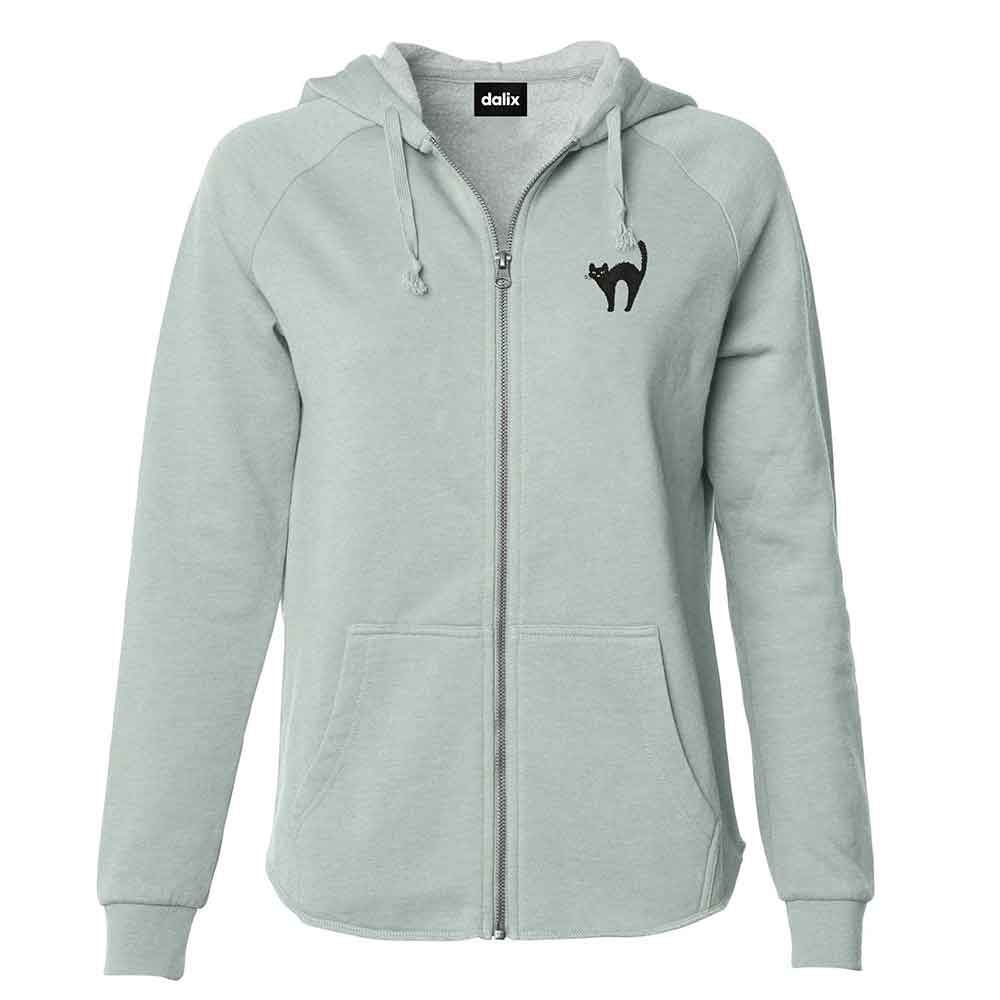Dalix Black Cat Embroidered Fleece Zip Washed Hoodie Cold Fall Winter Women in Sage 2XL XX-Large