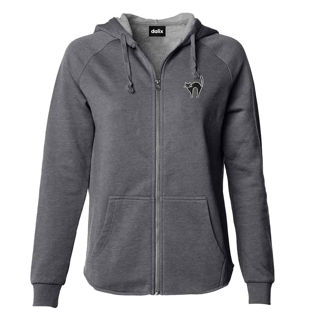 Dalix Black Cat Embroidered Fleece Zip Washed Hoodie Cold Fall Winter Women in Shadow 2XL XX-Large
