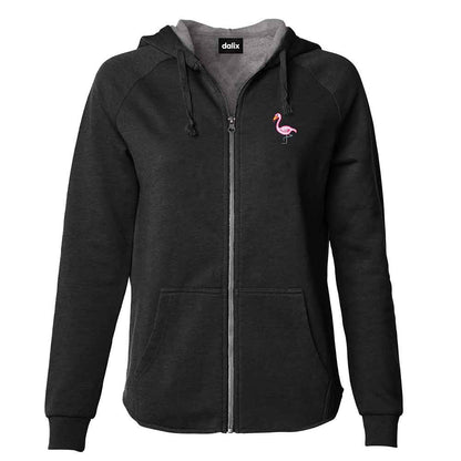 Dalix Flamingo Embroidered Fleece Zip Washed Hoodie Cold Fall Winter Women in Black 2XL XX-Large