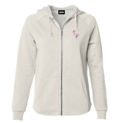 Dalix Flamingo Embroidered Fleece Zip Washed Hoodie Cold Fall Winter Women in Bone 2XL XX-Large