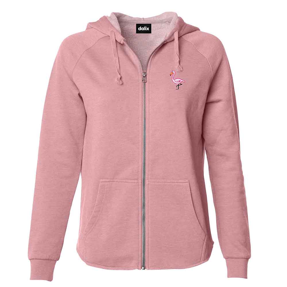 Dalix Flamingo Embroidered Fleece Zip Washed Hoodie Cold Fall Winter Women in Dusty Rose 2XL XX-Large