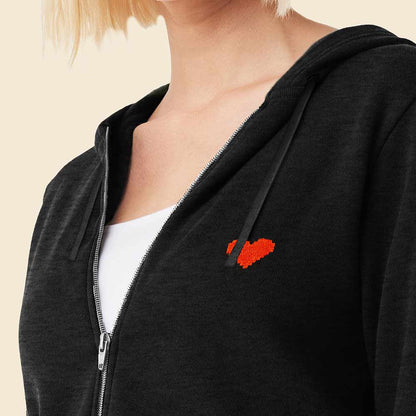 Dalix Pixel Heart Embroidered Fleece Zip Washed Hoodie Cold Fall Winter Women in Black 2XL XX-Large