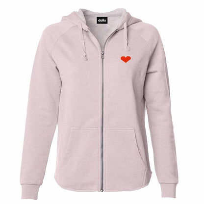 Dalix Pixel Heart Embroidered Fleece Zip Washed Hoodie Cold Fall Winter Women in Blush 2XL XX-Large