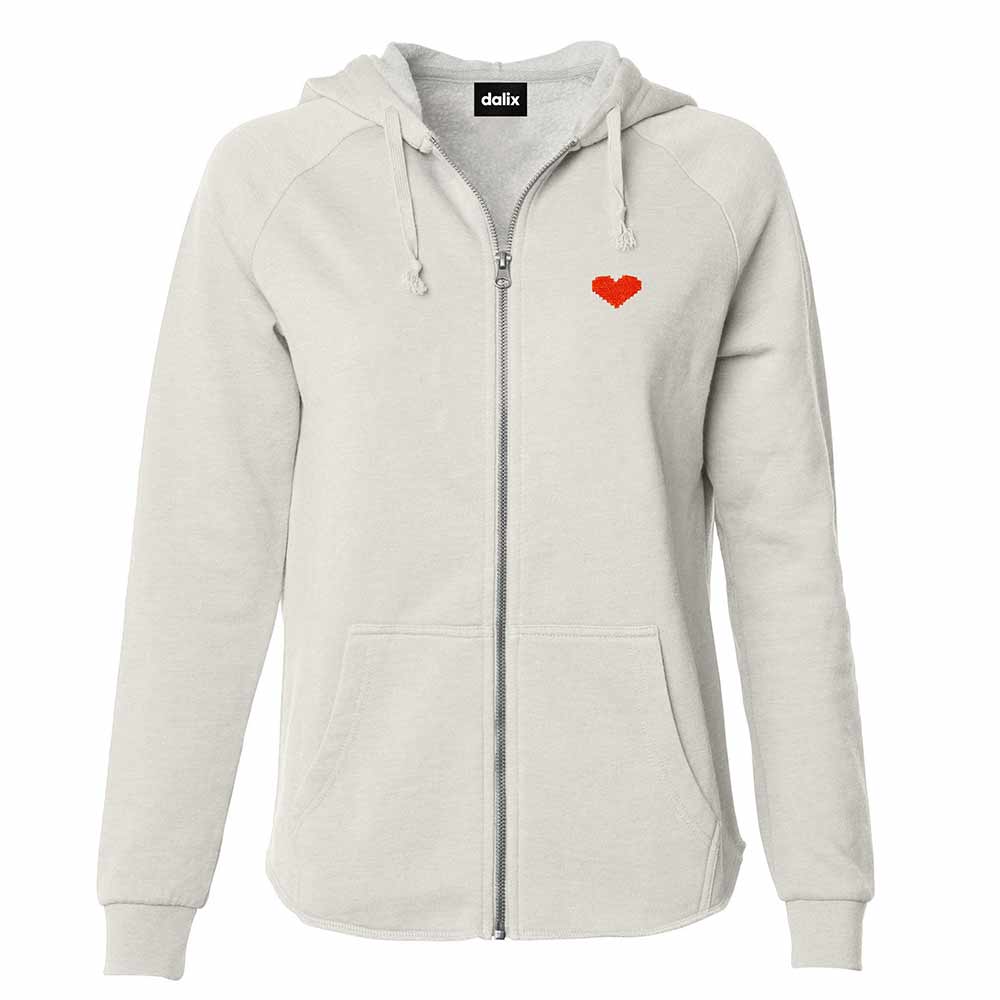 Dalix Pixel Heart Embroidered Fleece Zip Washed Hoodie Cold Fall Winter Women in Bone 2XL XX-Large