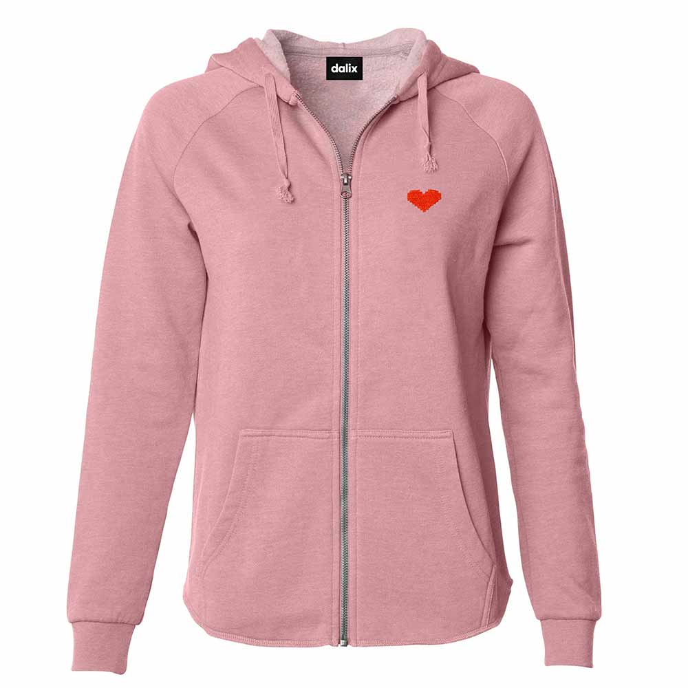 Dalix Pixel Heart Embroidered Fleece Zip Washed Hoodie Cold Fall Winter Women in Dusty Rose 2XL XX-Large