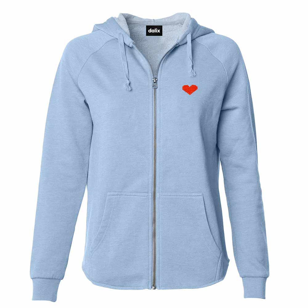 Dalix Pixel Heart Embroidered Fleece Zip Washed Hoodie Cold Fall Winter Women in Misty Blue 2XL XX-Large